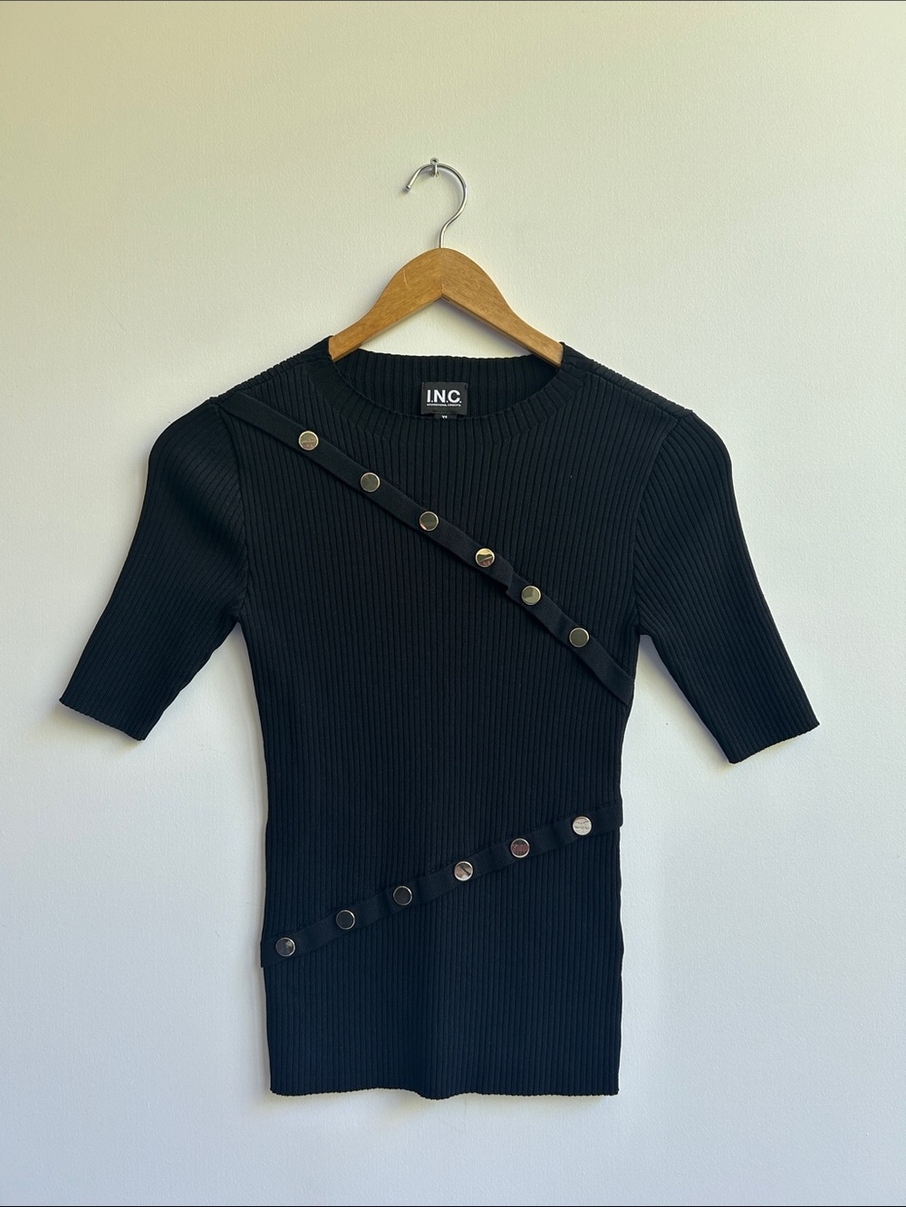 INC Black Ribbed Short-Sleeve Top
